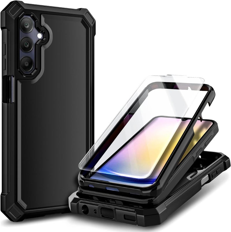 WDHD Compatible with Samsung Galaxy A15-5G Phone Case Black | Full-Body Protective Shockproof Bumper Cover with Tempered Glass Screen Protector, 12FT Military Grade Drop Tested - Image 1
